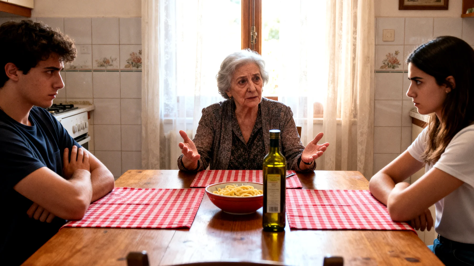 Nonna che si trova a gestire la gelosia e la rivalità tra nipoti giovani adulti, con tensioni legate a confronti su successi professionali, relazioni sentimentali o attenzioni ricevute, che rischiano di compromettere l'armonia familiare e il rapporto con lei"